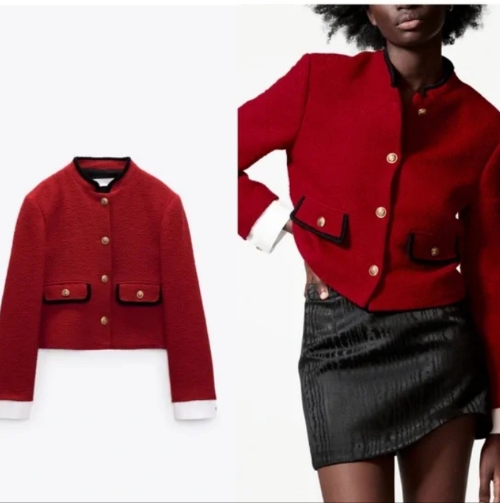Zara Textured Weave Jacket With Pockets, burgundy Sz-XL